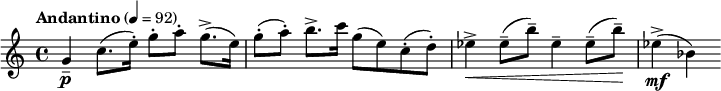 \relative c'' { \sleutel treble \time 4/4 \set Staff.midiInstrument = #"viool" \tempo "Andantino" 4=92 g4\p-- c8.( e16-.) g8-.[ a- .] g8.->( e16) |  g8-.( a-.) b8.-> c16 g8( e) c-.( d-.) |  ees4->\< ees8--( b'--) ees,4-- ees8--( b'--)\!  |  ees,4->\mf( bes) }