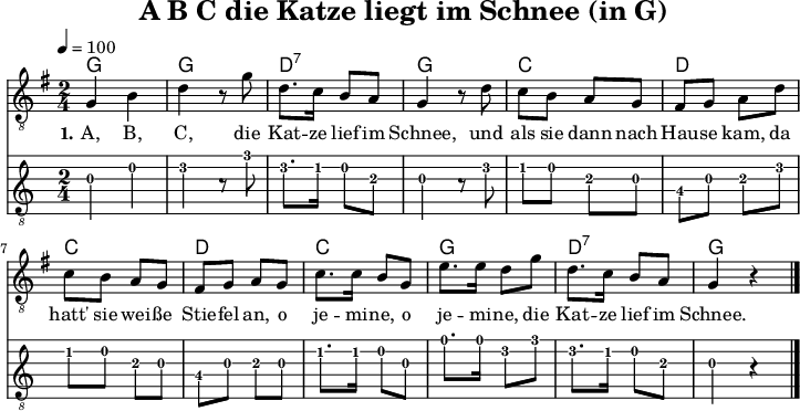 
\version "2.20.0"
\header {
  title="A B C die Katze liegt im Schnee (in G)"
  encoder="mjchael"
}
akkorde = \chordmode { \germanChords
  g2 g2 d:7 g c d c d c g d:7 g
}

melodie = \relative g' {
  \clef "treble"
  \time 2/4
  \tempo 4 = 100
  \key g\major
  \set Staff.midiInstrument = #"acoustic guitar (nylon)"
  \clef "G_8"
    g,4 b d r8 g d8. c16 b8 a g4 r8 d'
    c b a g fis g a d c b a g fis g a g
    c8. c16 b8 g e'8. e16 d8 g d8. c16 b8 a g4 r4
  \bar "|."
}

text = \lyricmode {
 \set stanza = "1."
	A, B, C, die Kat -- ze lief im Schnee, und
	als sie dann nach Hau -- se kam, da hatt' sie wei -- ße Stie -- fel an, o 
	je -- mi -- ne, o je -- mi -- ne, die Kat -- ze lief im Schnee.
}


\score {
  <<
    \new ChordNames { \akkorde }
    \new Voice = "Lied" { \melodie }
    \new Lyrics \lyricsto "Lied" { \text }
    % Tabulatur
    \new TabStaff {
      \tabFullNotation  \melodie
    }
  >>
  \layout { }
}

\score {
  \unfoldRepeats
  <<
	\new ChordNames { \akkorde }
	\new Voice = "Lied" { \melodie }
  >>	
  \midi { }
}
% unterdrückt im raw="!"-Modus das DinA4-Format.
\paper {
  indent=0\mm
  % DinA4 0 210mm - 10mm Rand - 20mm Lochrand = 180mm
  line-width=180\mm
  oddFooterMarkup=##f
  oddHeaderMarkup=##f
  % bookTitleMarkup=##f
  scoreTitleMarkup=##f
}
