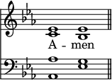 
<< <<
\new Staff { \clef treble \time 4/2 \key es \major \set Staff.midiInstrument = "church organ" \omit Staff.TimeSignature
  \relative c' { << { es1 es \bar"||" } \\ { c bes } >> }
}
\new Lyrics \lyricmode { A -- men }
\new Staff { \clef bass \key es \major \set Staff.midiInstrument = "church organ" \omit Staff.TimeSignature
  \relative c' { << { aes1 g } \\ { aes,1 es' } >> }
}
>> >>
\layout { indent = #0 }
\midi { \tempo 4 = 100 }
