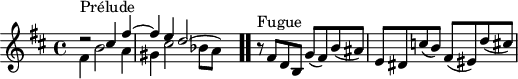 
\version "2.18.2"
\header {
  tagline = ##f
}

\score {
  \new Staff \with {
%fontSize = #-2
  }
<<
  \relative c'' {
    \key b \minor
    \time 4/4
	\set Staff.midiInstrument = #"harpsichord" 

     %% INCIPIT CBT I-24, BWV 869, si mineur 
     << { d2\rest^\markup{Prélude} cis4 fis~ \once \override Staff.TimeSignature #'stencil = ##f \time 9/8 fis e d2~ \hideNotes d8 } \\ { fis,4 b2 a4 gis cis2 bes8[ a] } >> \bar ".."

      \once \override Staff.TimeSignature #'stencil = ##f \time 4/4
      r8^\markup{Fugue} fis8 d b g'( fis) b( ais) | e dis c'( b) fis( eis) d'( cis)
  }
>>
  \layout {
     #(layout-set-staff-size 17)
     \context { \Score \remove "Metronome_mark_engraver" 
     \override SpacingSpanner.common-shortest-duration = #(ly:make-moment 1/2)
}
  }
  \midi {}
}
