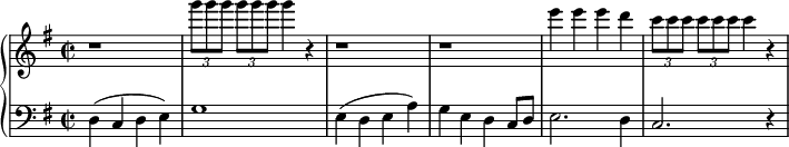 
 \relative b' {
  \new PianoStaff <<
   \new Staff { \key e \minor \time 2/2
    \tempo \markup { 
     \column {
   }
    }
    r1 \times 2/3 { g''8[ g g] } \times 2/3 { g8[ g g] } g4 r r1 r e4 e e d \times 2/3 { c8[ c c] } \times 2/3 { c8[ c c] } c4 r
   }
   \new Staff { \key e \minor \time 2/2 \clef bass
    d,,,4( c d e) g1 e4( d e a) g e d c8 d e2. d4 c2. r4
 }
  >>
 }
