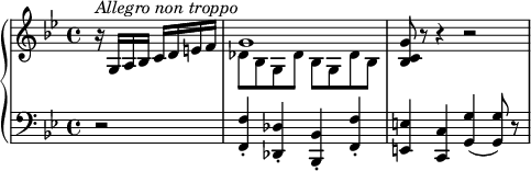 {
  \set Score.tempoHideNote = ##t
  \new PianoStaff <<
    \new Staff { \clef violin \key bes \major \time 4/4 \tempo 4 = 150
      \partial 2 r16(^\markup{\italic{Allegro non troppo}} g a bes c' d' e' f'
      << { \voiceOne
        g'1
      }
      \new Voice { \voiceTwo
        des'8 bes g des' bes g des' bes
      } >> \oneVoice
      <bes c' g'>8 r8 r4 r2
    }
    \new Staff { \clef bass \key bes \major \time 4/4
      \partial 2 r2
      <f,\staccato f>4 <des,\staccato des> <bes,,\staccato bes,> <f,\staccato f>
      <e, e> <c, c> <g, g>4( <g, g>8) r
    }
  >>
}