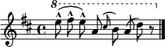 
{ \new Staff <<
  \set Staff.midiInstrument = #"recorder"
  \clef treble \time 4/4 \key d \major
  \relative c''' {
    \set Staff.ottavationMarkups = #ottavation-ordinals
    \ottava #1
    e8-^ \noBeam (fis-^ \noBeam e-^) \noBeam a, (\grace{ cis16 } b8) a \noBeam (d) r \bar "|."
  }
>> }
