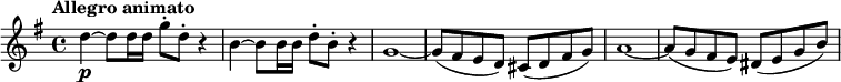 
\relative c'' {
 \set Score.tempoHideNote = ##t \tempo "Allegro animato" 4=135 \key g \major \time 4/4
 d4~\p d8 d16 d g8-. d-. r4 b4~ b8 b16 b d8-. b-. r4
 g1~ g8( fis e d) cis( d fis g) a1~ a8( g fis e) dis( e g b)
}
