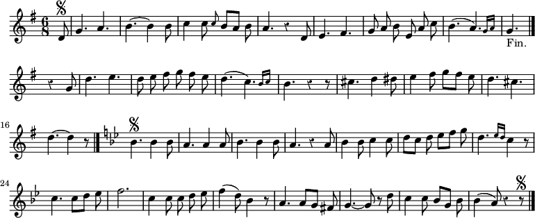 
\relative c' {
  \override Rest #'style = #'classical
  \key g \major
  \time 6/8
  \partial 8
  \autoBeamOff
  d8\segno
  g4. a
  b~ b4 b8
  c4 c8 \grace c b[ a] b
  a4. r4 d,8 e4. fis g8 a b e, a c
  b4.( \afterGrace a) { g16[ a] }

  %tourne

  g4._"Fin." \bar "|." r4 g8
  d'4. e
  d8 e fis g fis e
  d4.( \afterGrace c) { b16[ c] }
  b4. r4 r8
  cis4. d4 dis8
  e4 fis8 g[ fis] e
  d4. cis

  d4.~ d4 r8 \bar "|." %manque une croche, j'ajoute un demi-soupir à la fin.
  \key g \minor
  bes4.\segno bes4 bes8
  a4. a4 a8
  bes4. bes4 bes8
  a4. r4 a8
  bes4 bes8 c4 c8
  d[ c] d es[ f] g
  d4. \grace { es16[ d] } c4 r8

  c4. c8[ d] es
  f2.
  c4 c8 c d es
  f4( d8) bes4 r8
  a4. a8[ g] fis
  g4.~ g8 r d'8
  c4 c8 bes[ g] bes
  bes4( a8) r4 r8\segno
  \bar "|."
}
