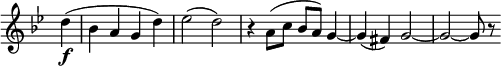 
\relative c'' \new Staff \with { \remove "Time_signature_engraver" } { \key g \minor \time 4/4 \set Score.tempoHideNote = ##t \tempo "" 4=76 \partial 4
 d4\f( bes a g d') es2( d) r4 a8( c bes a) g4~ g( fis) g2~ g~ g8 r
}
