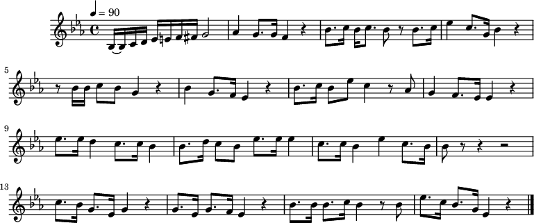 
X:1
L:1/8
Q:1/4=90
M:4/4
I:linebreak $
K:Eb
V:1
 B,/-B,/C/D/ E/=E/F/^F/ G4 | A2 G>G F2 z2 | B>c B<c B z B>c | e2 c>G B2 z2 | z B/B/ cB G2 z2 | %5
 B2 G>F E2 z2 | B>c Be c2 z A | G2 F>E E2 z2 | e>e d2 c>c B2 | B>d cB e>e e2 | c3/2c/ B2 e2 c>B | %11
 B z z2 z4 | c>B G>E G2 z2 | G>E G>F E2 z2 | B>B B>c B2 z B | e>c B>G E2 z2 |] %16