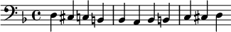 
 \relative c {\clef bass \key d \minor \set Score.tempoHideNote = ##t \tempo 4 = 100
  d cis c b bes a bes b c cis d
  }
 