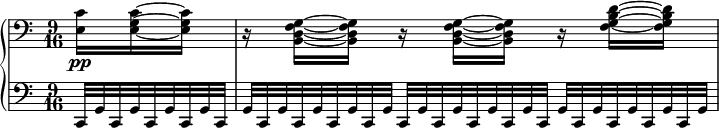 
 \relative c' {
 \new PianoStaff <<
 \new Staff { \key c \major \time 9/16 \partial 8. \clef bass
 <c e,>16\pp <c~ g~ e~> <c g e> r <g~ f~ d~ b~> <g f d b> r <g~ f~ d~ b~> <g f d b> r <d'~ b~ g~ f~> <d b g f>
 }
 \new Staff { \key c \major \time 9/16 \clef bass
 c,,32*2/3[ g' c, g' c, g' c, g' c,] g'[ c, g' c, g' c, g' c, g'] c,[ g' c, g' c, g' c, g' c,] g'[ c, g' c, g' c, g' c, g']
 }
 >>
 }
