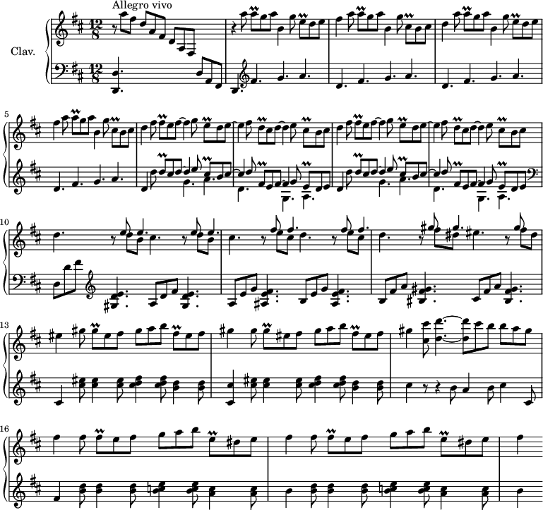 
\version "2.18.2"
\header {
 tagline = ##f
 % composer = "Domenico Scarlatti"
 % opus = "K. 214"
 % meter = "Allegro vivo"
}

%% les petites notes
trillAq = { \tag #'print { a8\prall } \tag #'midi { b32 a b a } }
trillEq = { \tag #'print { e8\prall } \tag #'midi { fis32 e fis e } }
trillEqDown = { \tag #'print { e,8\prall } \tag #'midi { fis32 e fis e } }
trillDq = { \tag #'print { d8\prall } \tag #'midi { e32 d e d } }
trillCisq = { \tag #'print { cis8\prall } \tag #'midi { d32 cis d cis } }
trillCisqDow = { \tag #'print { cis,8\prall } \tag #'midi { d32 cis d cis } }
trillFisq = { \tag #'print { fis8\prall } \tag #'midi { gis32 fis gis fis } }
trillFisqDown = { \tag #'print { fis,8\prall } \tag #'midi { g32 fis g fis } }
trillGisq = { \tag #'print { gis8\prall } \tag #'midi { a32 gis a gis } }
trillFisGq = { \tag #'print { fis8\prall } \tag #'midi { g32 fis g fis } }

upper = \relative c'' {
 \clef treble 
 \key d \major
 \time 12/8
 \tempo 4. = 112
 \set Staff.midiInstrument = #"harpsichord"
 \override TupletBracket.bracket-visibility = ##f

 s8*0^\markup{Allegro vivo}
 r8 a'8 fis d a fis d a fis s4. | r4 \repeat unfold 2 { a''8 \trillAq g8 a b,4 g'8 \trillEq d8 e | fis4 a8 \trillAq g8 a b,4 g'8 \trillCisqDow b8 cis |
 % ms. 4
 d4 } fis8 \trillFisq e8 fis~ fis4 g8 \trillEq d8 e~ |
 % ms. 7
 e4 fis8 \trillDq cis d~ d4 e8 \trillCisq b cis | d4 fis8 \trillFisq e8 fis~ fis4 g8 \trillEq d8 e~ | e4 fis8 \trillDq cis d~ d4 e8 \trillCisq b cis |
 % ms. 10
 d4. \repeat unfold 2 { r8 << { e e4. } \\ { d8 b cis4. } >> } \repeat unfold 2 { r8 << { fis fis4. } \\ { e8 cis d4. } >> } r8 << { gis gis4. } \\ { fis8 dis eis4. } >> r8 << { gis } \\ { fis8 dis } >> |
 % ms. 13
 eis4 \repeat unfold 2 { gis8 \trillGisq eis8 fis gis a b \trillFisq eis fis | gis4 } < cis, cis' >8 < d d' >4.~ q8 cis'8 b b a gis |
 % ms. 16 
 \repeat unfold 2 { fis4 fis8 \trillFisGq e8 fis g a b \trillEqDown dis e } | fis4 

}

lower = \relative c' {
 \clef bass
 \key d \major
 \time 12/8
 \set Staff.midiInstrument = #"harpsichord"
 \override TupletBracket.bracket-visibility = ##f

 % ************************************** \appoggiatura \repeat unfold 2 { } \times 2/3 { }
 < d,, d' >4. s2. d'8 a fis | d4. \clef treble fis''4. g a | \repeat unfold 3 { d,4. fis g a }
 % ms. 6
 \repeat unfold 2 { 
 d,4 d'8 
 << { \trillDq cis8 d~ d4 e8 \trillCisq b8 cis~ | cis4 d8 \trillFisqDown e8 fis~ fis4 g8 | \trillEq d e } 
 \\ { s4. g4. a | d, s4. g,4. a } >> } \clef bass 
 % ms. 10
 d,8 d' fis \clef treble < gis, d' e >4. a8 d fis < gis, d' e >4. | a8 e' g < ais, e' fis >4. b8 e g < ais, e' fis >4. | b8 fis' a < bis, fis' gis >4. cis8 fis a < bis, fis' gis >4. |
 % ms. 13
 cis4 < cis' eis >8 q4 q8 < cis d fis >4 q8 < b d >4 q8 | < cis, cis' >4 < cis' eis >8 q4 q8 < cis d fis >4 q8 < b d >4 q8 | cis4 r8 r4 b8 a4 b8 cis4 cis,8
 % ms. 16
 fis4 \repeat unfold 2 { < b d >8 q4 q8 < b c e >4 q8 < a c >4 q8 | b4 } 

}

thePianoStaff = \new PianoStaff <<
 \set PianoStaff.instrumentName = #"Clav."
 \new Staff = "upper" \upper
 \new Staff = "lower" \lower
 >>

\score {
 \keepWithTag #'print \thePianoStaff
 \layout {
 #(layout-set-staff-size 17)
 \context {
 \Score
 \override SpacingSpanner.common-shortest-duration = #(ly:make-moment 1/2)
 \remove "Metronome_mark_engraver"
 }
 }
}

\score {
 \keepWithTag #'midi \thePianoStaff
 \midi { }
}
