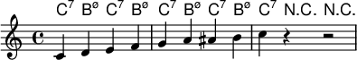 
 <<\chords {c4:7 b:m7.5- c4:7 b:m7.5- c4:7 b:m7.5- c4:7 b:m7.5- c4:7 r4 r2}
\relative c' {c4  d e f g a ais b c r4 r2}>>
