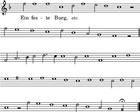 
\language "italiano"
melody = \relative do'' {
  \override Staff.TimeSignature.color = #white
  \override Staff.TimeSignature.layer = #-1
  \time 98/2 % approximatif
  \key fa \major
  fa2 fa1 fa do re2_\markup { \lower #3 \italic "etc." } fa1 mi2 re1 do r2 \bar "" \break
  \override Score.Clef.break-visibility = ##(#f #f #f)
  \override Score.KeySignature.break-visibility = ##(#f #f #f)
  fa2 mi1 re do re2 sib1 la2 sol1 fa mi2\rest \bar "||" \break
  fa2 la2. sib4 do2 re2. do4 do1 sib2 do1 fa, do' re \bar "" \break
  mi1 \once \override NoteHead.style = #'petrucci fa\breve mi1 fa mi re do re re do2 re1 do2 \bar "" \break
  la1 sol2\rest fa'2 mi1 re do re2 sib1 la2 sol1 
  \once \override NoteHead.style = #'petrucci fa\longa^\fermata \bar "|."
}
text = \lyricmode {
  Ein fes -- te Burg,
}
\score {
  <<
    \new Voice = "mel" { \autoBeamOff \melody }
    \new Lyrics \lyricsto mel \text
  >>
  \layout {
    \context { \Staff 
               \RemoveEmptyStaves 
             }
    indent = 0\cm
    line-width = #120
    \override Score.BarNumber #'stencil = ##f
  }
  \midi { }
}
\header { tagline = ##f}
