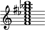 {
  % Rivin lopun pystyviiva ja tahtiosoitus piiloon.
  \override Score.BarLine.break-visibility = ##(#f #t #t)
  \override Staff.TimeSignature #'stencil = ##f
  
  <f' a' c'' ees'' gis'' bes'' d'''>1
}
