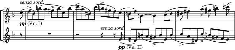 
\new StaffGroup <<
 \relative c' \new Staff \with { \remove "Time_signature_engraver" } {
  \key d \minor \time 4/4 \partial 8 \override TextScript #'whiteout = ##t
   e'8 ^\markup \italic { senza sord. } _\markup { \dynamic pp (Vn. I) }
   ( f-> d) b'( a gis-> b e,) b'( c-> a dis,) c'( b-> gis f) e(
   d! f) b,4~ b c8( d dis fis4) a8( gis b4) \autoBeamOff cis8*1/2( \hideNotes e)
  }
 \relative c' \new Staff \with { \remove "Time_signature_engraver" } {
  \key d \minor \time 4/4 \partial 8
   r8 R1 r2 r4 ^\markup \italic { senza sord. } r8 e8 _\markup { \dynamic pp (Vn. II) }
   ( f-> d) b'( a gis-> b e,) b'( c-> a dis,) c'->( b gis f e)
 }
>>
