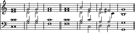 { \override Score.TimeSignature #'stencil = ##f << \relative g' << \cadenzaOn { g\breve \bar "|" g2 g \bar "|" a1 \bar "||" a\breve \bar "|" b2 g \bar "|" g fis \bar "|" g1 \bar "||" } \\ { e\breve d2 d f1 f\breve d2 e d2. c4 b1 } >>
\new Staff { \clef bass \relative c' << { c\breve b2 b c1 c\breve b2 c a a g1 } \\ { c,\breve g'2 g f1 f\breve g2 c, d d g,1 } >> } >> }