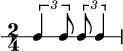  \new RhythmicStaff { \sleutel percussie \time 2/4 \set Score.tempoHideNote = ##t \tempo 4 = 100 \tuplet 3/2 { c4 c8 } \tuplet 3/2 { c8 c4 } }
