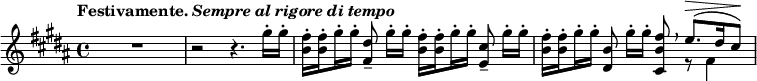 
\relative c''' {
 \set Score.tempoHideNote = ##t 
 \tempo \markup { Festivamente. \italic { Sempre al rigore di tempo } } 4=70 \key b \major \time 4/4
 \set subdivideBeams = ##t
 \set baseMoment = #(ly:make-moment 1 8)
 \set beatStructure = #'(2 2 2 2)
 R1 r2 r4. gis16-. gis-. <fis b,>-. q-.
 gis-. gis-. <dis fis,>8-- gis16-.[ gis-.] <fis b,>-. q-. gis-. gis-. <cis, e,>8-- gis'16-.[ gis-.]
 <fis b,>-. q-. gis-. gis-. <b, dis,>8 gis'16-.[ gis-.] <fis b, cis,>8 \breathe
 << { e8.^\> [ ( dis16 cis8\!) ] } \\ { r8 fis,4 } >>
}
