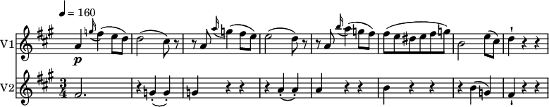 
<< \new Staff \with { instrumentName = #"V1"}  
 \relative c'' {
    \version "2.18.2"
    \key a \major 
   
    \time 3/4
    \tempo 4 = 160
    \omit Staff.TimeSignature
     \set Score.currentBarNumber = #108
  a4 \p \grace g'16 (fis4) (e8 d)
  d2 (cis8) r
  r a  \grace a'16 (g4) (fis8 e) 
  e2 (d8) r
  r a  \grace b'16 (a4) (g8 fis)
  fis (e dis e fis g)
  b,2 e8 (cis) d4-! r r
}
\new Staff \with { instrumentName = #"V2"}  
 \relative c' {
   \key a \major
   \time 3/4
   fis2. r4 g-. (g-.) g r r
   r a-. (a-.) a r r 
   b r r r b (g) fis-! r r
 }
>>
