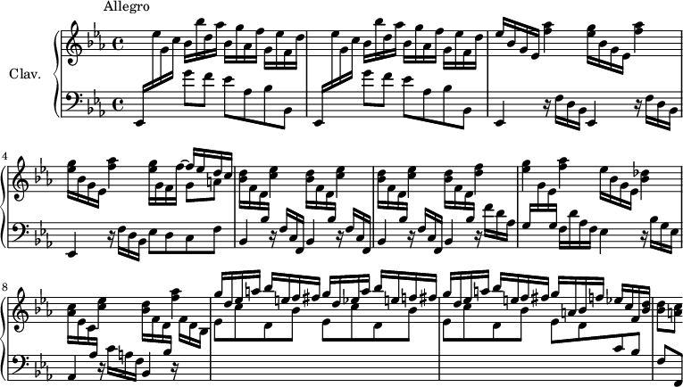 
\version "2.18.2"
\header {
 tagline = ##f
 % composer = "Domenico Scarlatti"
 % opus = "K. 51"
 meter = " Allegro"
}

%% les petites notes
%trillBesp = { \tag #'print { bes4.\prall } \tag #'midi { c32 bes c bes~ bes4 } }

upper = \relative c'' {
 \clef treble 
 \key ees \major
 \time 4/4
 \tempo 4 = 82
 \set Staff.midiInstrument = #"harpsichord"
 \override TupletBracket.bracket-visibility = ##f

 % s8*0^\markup{Allegro}
 \repeat unfold 2 { \stemUp \change Staff = "lower" ees,,,16 \stemNeutral \change Staff = "upper" ees''' g, c bes bes' d, aes' bes, g' aes, f' g, ees' f, d' } | 
 % ms. 3
 ees16 bes g ees \repeat unfold 2 { < f' aes >4 < ees g >16 bes g ees } < f' aes >4 << { \stemDown < ees g >16 g, f f'~ \stemUp f ees d c } \\ { s4 g8 a } >> | \repeat unfold 3 { \stemDown < bes d >16 f d \stemUp \change Staff = "lower" bes \stemNeutral \change Staff = "upper" < c' ees >4 } \stemDown
 % ms. 6
 < bes d >16 f d \stemUp \change Staff = "lower" bes \stemNeutral \change Staff = "upper" < d' f >4 |
 % ms. 7
 < ees g > < f aes > \stemDown ees16 bes g ees < bes' des >4 |
 % ms. 8
 < aes c >16 ees c \stemUp \change Staff = "lower" aes \stemNeutral \change Staff = "upper" < c' ees >4 \stemDown < bes d >16 f d \stemUp \change Staff = "lower" bes \stemNeutral \change Staff = "upper" < f'' aes >4
 % ms. 9
 \stemUp g16 d ees a bes e, f fis g d ees a bes e, f fis | g d ees a bes e, f fis g a, bes f' ees c f, < bes d > \stemNeutral | q8[ < a c >8]
 % ms. x
 

}

lower = \relative c' {
 \clef bass
 \key ees \major
 \time 4/4
 \set Staff.midiInstrument = #"harpsichord"
 \override TupletBracket.bracket-visibility = ##f

 % ************************************** \appoggiatura a16 \repeat unfold 2 { } \times 2/3 { } \omit TupletNumber 
 \repeat unfold 2 { s4 g'8 f ees aes, bes bes, }
 % ms. 3
 \repeat unfold 3 { ees,4 r16 f'16 d bes } | ees8 d c f | \repeat unfold 3 { bes,4 r16 f'16 c f, }
 % ms. 6 fin
 bes4 r16 f'' d aes | g \change Staff = "upper" g' ees \change Staff = "lower" g, f d' aes f ees4 | r16 bes'16 g ees | aes,4 r16 c'16 a f bes,4 r16 \stemDown \change Staff = "upper" f'' d bes |
 % ms. 9
 \repeat unfold 3 { ees8 c' d, bes' } ees, d \stemUp \change Staff = "lower" c bes | f[ f,] 
 % ms. 12
 

}

thePianoStaff = \new PianoStaff <<
 \set PianoStaff.instrumentName = #"Clav."
 \new Staff = "upper" \upper
 \new Staff = "lower" \lower
 >>

\score {
 \keepWithTag #'print \thePianoStaff
 \layout {
 #(layout-set-staff-size 17)
 \context {
 \Score
 \override SpacingSpanner.common-shortest-duration = #(ly:make-moment 1/2)
 \remove "Metronome_mark_engraver"
 }
 }
}

\score {
 \keepWithTag #'midi \thePianoStaff
 \midi { }
}
