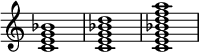 

{
\override Score.TimeSignature #'stencil = ##f
\relative c' {
   \clef treble 
   \time 4/4
   \key c \major
   <c e g bes>1
   <c e g bes d>1
   <c e g bes d f a>1
} }
