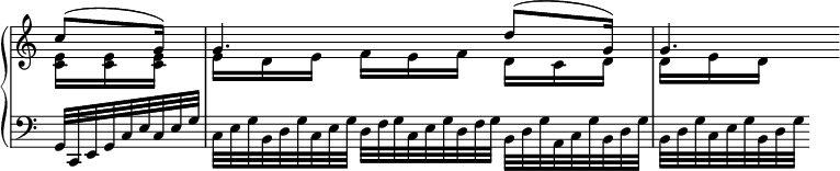 
 \relative c' {
 \new PianoStaff <<
 \new Staff \with { \remove "Time_signature_engraver" } { \key c \major \time 9/16 \partial 8.
 <<
 { c'8( g16) g4. d'8( g,16) g4. }
 \\
 { <e c>16 <e c> <e c> e d e f e f d c d d e d }
 >>
 }
 \new Staff \with { \remove "Time_signature_engraver" } { \key c \major \time 9/16 \clef bass
 g,,32*2/3[ c, e g c e c e g] c,[ e g b, d g c, e g] d[ f g c, e g d f g] b,[ d g a, c g' b, d g] b,[ d g c, e g b, d g]
 }
 >>
 }
