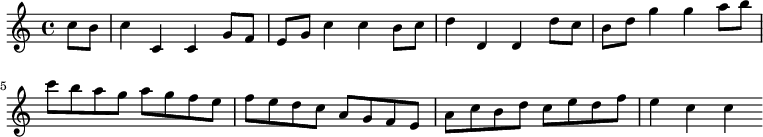 { \time 4/4 \partial 4 \relative c'' { c8 b c4 c, c g'8 f | e g c4 c b8 c | d4 d, d d'8 c| b d g4 g a8 b | c b a g a g f e | f e d c a g f e | a c b d c e d f | e4 c c } }