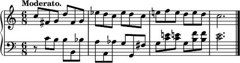 
\new PianoStaff
<<
  \new Staff = "right"
  \relative c'' {
    \tempo "Moderato."
    \time 6/8
    c8 fis, g d' fis, g
    es' d c es d c
    e! f e d e d
    c2.
    \bar "|."
  }
  \new Staff = "left"
  \relative c' {
    \clef bass
    \time 6/8
    r8 c b b b, bes'
    a a, as' g g, fis'
    g <c e!> <c e!> g <b f'> <b f'>
    <c e>2.
    \bar "|."
  }
>>
\midi {
  \context {
    \Score
    tempoWholesPerMinute = #(ly:make-moment 88 4)
  }
}
