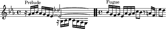 
\version "2.18.2"
\header {
  tagline = ##f
}

\score {
  \new Staff \with {

  }
<<
  \relative c' {
    \key ees \major
    \time 4/4

     %% INCIPIT CBT I-17, BWV 852, mi-bémol majeur
     << { s8*0^\markup{Prélude} s2 des'2~ \hideNotes des8} \\ { s2 r16 g,,16 aes bes aes[ g f ees] } \\ { bes''16\rest g16 aes bes aes g f ees~ \once \override Staff.TimeSignature #'stencil = ##f \time 9/8 ees2~ \hideNotes ees8 } >> \bar ".."
     \time 4/4 \partial 1
     s4*0^\markup{Fugue} bes'16 g f g ees aes g aes c8 bes r8 a16 f ees'8[ d]

  }
>>
  \layout {
     \context { \Score \remove "Metronome_mark_engraver" 
     \override SpacingSpanner.common-shortest-duration = #(ly:make-moment 1/2) 
       }
  }
  \midi {}
}
