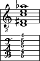  
<<
  %\override Score.BarLine.break-visibility = ##(#f #t #t)
  \time 1/1
    \new Staff  {
    \clef "treble_8"
        \once \override Staff.TimeSignature #'stencil = ##f
        < d fis c' e' aes'>1
    }

     \new TabStaff {
       \override Stem #'transparent = ##t
       \override Beam #'transparent = ##t 
      < d\5 fis\4 c'\3 e'\2 gis'\1>1
  }
>>
