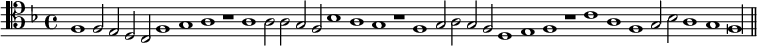 { \time 4/4 \clef tenor \key f \major \cadenzaOn f1 f2 e d c f1 g a r a a2 a g f bes1 a g r f g2 a g f d1 e f r c' a f g2 bes a1 g f\longa \bar "||" }