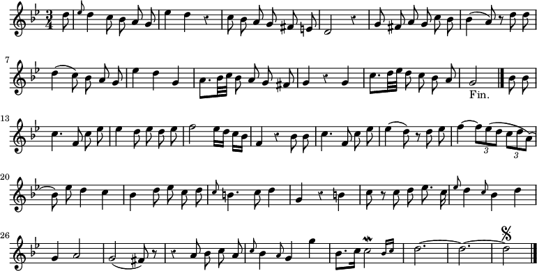 
\relative c'' {
  \override Rest #'style = #'classical
  \key g \minor
  \time 3/4
  \partial 8
  \autoBeamOff
  d8
  \grace ees d4 c8 bes a g
  ees'4 d r
  c8 bes a g fis e
  d2 r4 g8 fis a g c bes

  %tourne

  bes4( a8) r d d
  d4( c8) bes a g
  ees'4 d g,
  a8.[bes32 c] bes8 a g fis
  g4 r g
  c8.[ d32 ees] d8 c bes a

  g2_"Fin." \bar "|." bes8 bes
  c4. f,8 c' ees
  ees4 d8 ees d ees
  f2 ees16[ d] c[ bes]
  f4 r bes8 bes
  c4. f,8 c' ees
  ees4( d8) r d ees

  f4~ \times 2/3 { f8[ ees( d] } \times 2/3 { c[ d a])( }
  bes) ees d4 c
  bes d8 ees c d
  \grace c b4. c8 d4
  g,4 r b
  c8 r c d ees8. c16
  \grace ees8 d4 \grace c8 bes4 d

  g, a2
  g( fis8) r
  r4 a8 bes c a
  \grace c bes4 \grace a8 g4 g'
  bes,8.[ c16] \afterGrace c2\mordent { bes16[ c] }
  d2.~
  d2.~
  d2\segno
  \bar "|."
}
