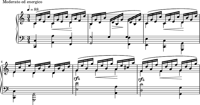 
\version "2.18.2"
\header {
 tagline = ##f
}
upper = \relative c' {
 \clef treble 
 \key c \major
 \time 3/4
 \tempo 4 = 88
 %\autoBeamOff

 %%Montgeroult — Étude 20 (pdf p. 55)
 
 << { \repeat unfold 2 { c16^( g' e c' } d, a' f d') b,16 g' d b' } \\ { c,4 c\< d\! | b^( \stemUp \change Staff = "lower" g16 \change Staff = "upper" d'16\> b g'\! \change Staff = "lower" g,16 \change Staff = "upper" d'16 b g') | } >>
 << { \repeat unfold 2 { c,16^( g' e c' } d,16 b' g d') | e, c' g e' \repeat unfold 2 { d,16 b' g d' } } \\ { c,4 c\< d\! | e d d } >> 
 << { \repeat unfold 2 { g16( e' b g' } a,16 e' cis a') } \\ { g,4 g\< a\! } >>
 << { \repeat unfold 2 { f16^( d' a f' } g,16 d' b g') } \\{ f,4 f\< g\! } >>

}

lower = \relative c {
 \clef bass
 \key c \major
 \time 3/4

 < c c, >4 < a' a, > < f f, > | < g g, >2 \stemDown < f f, >4 | < e e, > < c c, > < g g, > | < c c, > < g g, >2 |
 < e'' e, >2^\rfz < a, a, >4 < d d, >2^\rfz <g, g, >4
}

 \header {
 piece = "Moderato ed energico"
 }

\score {
 \new PianoStaff <<
 \new Staff = "upper" \upper
 \new Staff = "lower" \lower
 >>
 \layout {
 \context {
 \Score
 
 }
 }
 \midi { }
}
