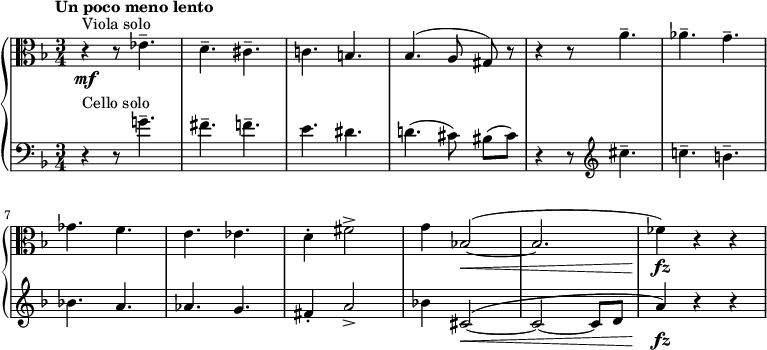  {\new PianoStaff {<<

\new Staff \relative c'{\set 

Staff.midiInstrument=#"viola" \time 3/4 \set Score.tempoHideNote = ##t \tempo "Un poco meno lento" 4=80 \autoBeamOff \clef alto \key f \major ^"Viola solo" |r4\mf r8 ees4.--|d4.-- cis4.--|c!4. b4.|bes4.^(a8 gis8) r8|r4 r8 a'4.--|aes4.-- g4.--|ges4. f4.|e4. ees4.|d4-. fis2->|g4 bes,!2\< (~|bes2.| fes'4\fz) r4 r4|}

\new Staff \relative c'{\set 

Staff.midiInstrument=#"cello" \time 3/4 \autoBeamOff \clef bass \key f \major ^"Cello solo" |r4 r8 g'!4.--|fis4.-- f!4.--|e4. dis4.|d!4.( cis8) bis8[( cis8)]|r4 r8 \clef treble cis'4.--|c!4.-- b!4.--|bes!4. a4.|aes4. g4.|fis4-. a2->|bes!4 cis,2\<~^(| cis2~ cis8[ d8]| a'4\fz) r4 r4|}

>>}}