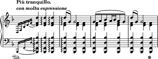 
\relative c {
 \new PianoStaff <<
  \new Staff
  \with {\consists "Span_arpeggio_engraver"}
  \with { \remove "Time_signature_engraver" }
  { \key d \minor \time 3/4 \set Score.tempoHideNote = ##t
    \tempo \markup {
     \column {
      \line { Più tranquillo. }
      \line { \italic { con molta espressione } } 
     }
    } 4=85
    \set Staff.connectArpeggios = ##t
    <<
     {
      \set tieWaitForNote = ##t
      \grace { d16 f bes d~ f_~ } <d' f, d>4 q\arpeggio q\arpeggio
      d8\arpeggio ( g,) g2 g8( [ a bes a16 bes a8 g] ) d'( g,) g2
     }
    \\
     { s2. <f d>4\arpeggio q q q q q q q q }
    >>
   } 
   \new Staff \with { \remove "Time_signature_engraver" } { \key d \minor \time 3/4 \clef bass
    \set tieWaitForNote = ##t
    \grace { bes,,,16~[ \sustainOn s f'~ s d'_~] } <bes' d, f, bes,>4\arpeggio q\arpeggio q\arpeggio q\arpeggio q q q q q q q q\sustainOff
   }
  >>
 }
