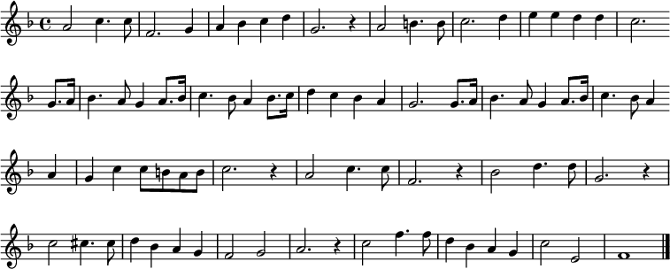 
{
\clef treble \key f \major \tempo 4=100 \set Staff.midiInstrument = "clarinet" {
      \set Score.tempoHideNote = ##t
      \override Score.BarNumber #'transparent = ##t
      \time 4/4
      \transpose c c'
      \relative
      { a2 c4. c8 | f,2. g4 | a bes c d | g,2. r4 | a2 b4. b8 | c2. d4 | e e d d | c2. \bar"" \break
      g8. a16 | bes4. a8 g4 a8. bes16 | c4. bes8 a4 bes8. c16 | d4 c bes a | g2. g8. a16 | bes4. a8 g4 a8. bes16 | c4. bes8 a4 \bar"" \break
      a | g c c8 b a b | c2. r4 | a2 c4. c8 | f,2. r4 | bes2 d4. d8 | g,2. r4 | \break
      c2 cis4. cis8 | d4 bes a g | f2 g | a2. r4 | c2 f4. f8 | d4 bes a g | c2 e, | f1 \bar "|."}
    }
  }
