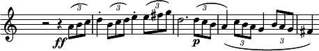 
\language "italiano"
melody = \relative do'' {
  \clef treble
  \key do \major
  \time 4/4
  \override Staff.TimeSignature.transparent = ##t
     r2 r4\ff \tupletUp \tuplet 3/2 { la8( si do) }
     re4-. \tuplet 3/2 { si8( do re) } mi4-. \tuplet 3/2 { mi8( fad sol) }|
     re2. \tuplet 3/2 {re8(\p do si } | \phrasingSlurDown la4)\( \tupletDown \tuplet 3/2 { do8 si la } sol4 \tuplet 3/2 { si8 la sol } |
     fad4\) 
}
\score {
  <<
    \new Voice = "mel"
    {  \melody }
  >>
  \layout {
    \context { \Staff \RemoveEmptyStaves }
    indent = 0.5\cm
    \override Score.BarNumber #'stencil = ##f
    line-width = #120
    \set fontSize = #-1
  }
}
\header { tagline = ##f}