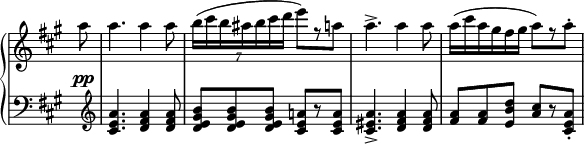 
 \relative c''' {
  \new PianoStaff <<
   \new Staff \with { \remove "Time_signature_engraver" } { \key a \major \time 6/8
    \set Score.tempoHideNote = ##t \tempo "" 4=145 \partial 8
    a8 a4. a4 a8 \times 6/7 { b16( cis b ais b cis d } e8) [ r a,]
    a4.-> a4 a8 a16( cis a gis fis gis a8) [ r a-.]
   }
   \new Dynamics { s8\pp }
   \new Staff \with { \remove "Time_signature_engraver" } { \key a \major \time 6/8 \clef bass
    s8 \clef treble <a, e cis>4. <a fis d>4 q8 <b gis e d>8 q q <a! e cis>[ r q]
    <a eis cis>4.-> <a fis d>4 q8 <a fis> q <d b e,> <cis a>[ r <a e cis>-.]
   }
  >>
 }
