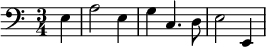 
 \relative c { \clef bass \key a \minor \time 3/4 \autoBeamOff \partial 4 e4 a2 e4 g4 c,4.  d8 e2 e,4 }
   