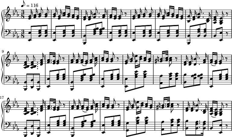 
% es as bes

\new GrandStaff {
  <<
    \new Staff {
       \autoBeamOff
       \tempo 8 = 116
       \key es \major
       \time 3/8

%       \partial 8 s8 |
       {
       <es' g'>16 <f' as'> <g' bes'>8 <g' bes'> | <g' bes'>16 <es' g'> <as' c''>16[ <g' bes'>] <f' as'>[ <es' g'>] | 
       <d' f'> <d' f'> <f' bes'>8. <f' as'>16 | <f' as'>[ <es' g'>] <es' g'>8 r |
       <es' g'>16 <f' as'> <g' bes'>8 <g' bes'> | <g' bes'>16 <es' g'> <as' c''>16[ <g' bes'>] <f' as'>[ <es' g'>] | 
       <bes g'> <d' f'> <f' bes'>8. <bes d'>16 | <as d' f'>8 <g bes es'> r |

       <as bes d' f'>8 <as bes d' f'>8. <d' f' as'>16 | <f' as'>16.[ <es' g'>32] <es' g'>8 r |
       <f' as'>16 <f' as'> <f' as'>[( <es' g'>]) <f' as'>16 <as' c''> | <as' c''>16[ <g' bes'>] <g' bes'>8 r |
       <es' g'>16 <g' bes'> <g' es''>[ <bes' d''>] <as' c''>[ <g' bes'>] | <gis' b'>16.[ <as' c''>32] <as' c''>8 r |
       <d' f'>16 <d' f'> <d' bes'>8. <f' as'>16 | <f' as'>[( <es' g'>]) <es' g'>8 r | 

       <as bes d' f'>8 <as bes d' f'>8. <d' f' as'>16 | <f' as'>16.[ <es' g'>32] <es' g'>8 r |
       <f' as'>16 <f' as'> <f' as'>[( <es' g'>]) <f' as'>16 <as' c''> | <as' c''>16[ <g' bes'>] <g' bes'>8 r |
       <es' g'>16 <g' bes'> <g' es''>[ <bes' d''>] <as' c''>[ <g' bes'>] | <gis' b'>16.[ <as' c''>32] <as' c''>8 r |
       <d' f'>16 <d' f'> <d' bes'>8. <bes d'>16 | <as d' f'>16[( <g bes es'>]) <g bes es'>8 r |
       }

    }
    \new Staff {
       \clef "bass"
       \key es \major

       <es, es>8[ <bes, es g> <bes, es g>] | <es, es>8[ <bes, es g> <bes, es g>] | 
       <bes,, bes,>[ <d f as bes> <d f as bes>] | <es, es>8[ <bes, es g> <bes, es g>] |
       <es, es>8[ <bes, es g> <bes, es g>] | <es, es>8[ <bes, es g> <bes, es g>] |
       <bes,, bes,>[ <bes, f as> <bes, f as>] | bes,[ <es, es>] r |

       <bes,, bes,>8[ <d, d> <bes,, bes,>] | <es, es>[ <es g bes> <es g bes>] |
       <bes,, bes,>[ <d f as bes> <d f as bes>] | <es, es>[ <es g bes> <es g bes>] |
       <es, es>[ <g bes es'> <g bes es'>] | <as, as>[ <es as c'> <es as c'>] |
       <bes, bes>[ <bes f as> <bes f as>] | <es, es>[ <bes es g> <bes es g>] |

       <bes,, bes,>8[ <d, d> <bes,, bes,>] | <es, es>[ <es g bes> <es g bes>] |
       <bes,, bes,>[ <d f as bes> <d f as bes>] | <es, es>[ <es g bes> <es g bes>] |
       <g, g>[ <g bes es'> <g bes es'>] | <as, as>[ <es as c'> <es as c'>] |
       <bes, bes>[ <bes, f as>8. <bes, f as>16] | bes,8[ <es, es>] r |
   }
  >>
}

