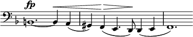 
\language "italiano"
\score {
  \relative do {
    \clef bass
    \key fa \major
    \time 8/4
    si1.~^\fp si4^\< la( | 
    \partial 4*6 sold) fa(^\> mi4. re8)\! re4( mi | fa1.)
}
  \layout {
    \context { \Staff 
               \RemoveEmptyStaves 
               \remove Time_signature_engraver
             }
    indent = 0\cm
    line-width = #120
    \override Score.BarNumber #'stencil = ##f
  }
  \midi { }
}
\header { tagline = ##f}
