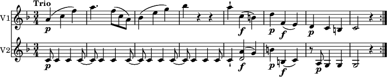 <<  \new Staff \with {       instrumentName = #"V1" }     \relative c'' {         \version "2.18.2"         \clef "treble"         \tempo "Trio"         \key f \major         \time 3/4          a4\p (c f)          a4. f8 (c a)          bes4 (e g)          bes r4 r4          a-! c,\f (b)          d\p f,\f (e)          d\p c b          c2 r4 \bar ":|."}\new Staff \with {         instrumentName = #"V2" }  \relative c'' {         \clef "treble"         \key f \major         \time 3/4         c,8\p c4 c c8~         c8 c4 c c8~         c8 c4 c c8~         c8 c4 c c8         c4-! <<{a'\f ^(g)} {d2}>>         b'4\p b,\f (c)         r8 a8\p g4 g         g2 r4 \bar ":|." }>>