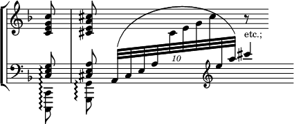 { \override Score.TimeSignature #'stencil = ##f \new StaffGroup \time 3/4 \partial 8 
  << \new Staff = "up" { \key d \minor \relative c'
    { <c e g c>8 | <cis e a cis> \times 8/10 { \change Staff = "down" \stemUp a,32([ cis e a 
    \change Staff = "up" \stemDown cis e g cis
    \change Staff = "down" \stemUp \clef treble e a)] }
    \change Staff = "up" r8_\markup { \smaller etc.; } } }
\new Staff = "down" \with { \consists "Span_arpeggio_engraver" } { \clef bass \set Staff.connectArpeggios = ##t \key d \minor 
 << \relative c { <c e g>8\arpeggio | <cis e a> s4 cis'''4 } \\ \relative c, { <c c,>8\arpeggio | <g' g,>\arpeggio } >>
 } >> }