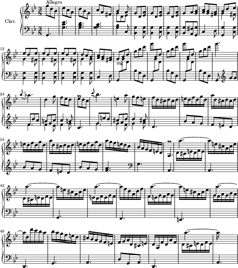 
\version "2.18.2"
\header {
 tagline = ##f
 % composer = "Domenico Scarlatti"
 % opus = "K. 476"
 % meter = "Allegro"
}

%% les petites notes
trillAp = { \tag #'print { a4.\prall } \tag #'midi { bes32 a bes a bes a bes a~ \tempo 4. = 30 a8 \tempo 4. = 74 } }
trillEesq = { \tag #'print { ees8\prall } \tag #'midi { d32 ees d ees } }

upper = \relative c'' {
 \clef treble 
 \key g \minor
 \time 3/8
 \tempo 4. = 74
 \set Staff.midiInstrument = #"harpsichord"
 \override TupletBracket.bracket-visibility = ##f

 s8*0^\markup{Allegro}
 g'8 d bes | ees c a | d bes g | c a fis | << { bes4 a8 } \\ { g8 d ees } >> | \repeat unfold 3 { g8 d < ees a > }
 % ms. 9
 g8 a < g bes > | < a c > < g bes > < fis a > | << { bes8 d ees | \repeat unfold 3 { ees8 d ees } | d8 c bes } \\ { \repeat unfold 4 { g4 fis8 } | g4 g8 } >> \stemUp
 % ms. 16
 < a c >8 < g bes > < fis a > | g_\markup{mg} \repeat unfold 2 { bes8 d | \stemNeutral g bes d | \stemDown g \stemUp } bes,, d | \stemNeutral g bes d | g4. |
 % ms. 24
 \appoggiatura bes,8 aes4. | d,4 g8 | f ees d | \trillEesq d8 c | \appoggiatura c'8 bes4. | e,4 a8 | g f e |
 % ms. 31
 f16 \repeat unfold 3 { d16 cis d cis d | e d f d g d a' } g16 f e d c
 % ms. 38
 bes16 a g f e d | \trillAp | \repeat unfold 2 { a''4.~ | a16 e cis a cis e } a4.~
 % ms. 45
 a16 f d a d f | a4.~ | a16 e cis a cis e | a4.~ | a16 d, d' c bes a | bes a g f e d | 
 % ms. 51
 cis16 bes a g f e | f g a d, cis e | d a f' d a' f | a'4.~ | a16

}

lower = \relative c' {
 \clef bass
 \key g \minor
 \time 3/8
 \set Staff.midiInstrument = #"harpsichord"
 \override TupletBracket.bracket-visibility = ##f

 % ************************************** \appoggiatura a16 \repeat unfold 2 { } \times 2/3 { } \omit TupletNumber 
 g,4. | < g' c ees >4. | < g bes d > | < g a c > | < g bes >4 c,8 | \repeat unfold 3 { < bes g' >4 < c g' >8 } |
 % ms. 9
 < bes g' >8 < a fis' > < g g' > | c4 d8 | < g, g' >4 < c g' >8 | \repeat unfold 3 { < bes g' >4 < c g' >8 } | < bes g' >4 q8 |
 % ms. 16
 c4 d8 | \repeat unfold 3 { \stemUp g, \stemDown \change Staff = "upper" g'' d | \stemNeutral \change Staff = "lower" bes g d } | 
 % ms. 23
 g,8 \clef treble g''8[ g] | << { f8 d' c | b g c | c4 b8 } \\ { \mergeDifferentlyDottedOn f4. | f4 ees8 | f4 g8 } >> c,4. | << { g'8 e' d | cis a d | d4 cis8 } \\ { g4. | g4 f8 | g4 a8 } >> d,4.
 % ms. 32
 \repeat unfold 2 { bes'8 a g | f e d } | bes' a g | < f a >4. | \clef bass 
 % ms. 38
 g,4. | \repeat unfold 2 { a, | \stemDown \change Staff = "upper" d'16 cis e d f e \stemNeutral \change Staff = "lower" } | g,,4. | \stemDown \change Staff = "upper" e''16 d f e g f | \stemNeutral \change Staff = "lower"
 % ms. 45
 f,,4. | \stemDown \change Staff = "upper" f''16 e g f a g | \stemNeutral \change Staff = "lower" e,,4. | \stemDown \change Staff = "upper" g''16 f a g bes a | \stemNeutral \change Staff = "lower" d,,,4. | g | 
 % ms. 51
 a4. | d8 g, a | d,4. | \stemDown \change Staff = "upper" d''16 cis e d f e | \stemNeutral \change Staff = "lower" a,,4. |

}

thePianoStaff = \new PianoStaff <<
 \set PianoStaff.instrumentName = #"Clav."
 \new Staff = "upper" \upper
 \new Staff = "lower" \lower
 >>

\score {
 \keepWithTag #'print \thePianoStaff
 \layout {
 #(layout-set-staff-size 17)
 \context {
 \Score
 \override SpacingSpanner.common-shortest-duration = #(ly:make-moment 1/2)
 \remove "Metronome_mark_engraver"
 }
 }
}

\score {
 \keepWithTag #'midi \thePianoStaff
 \midi { }
}
