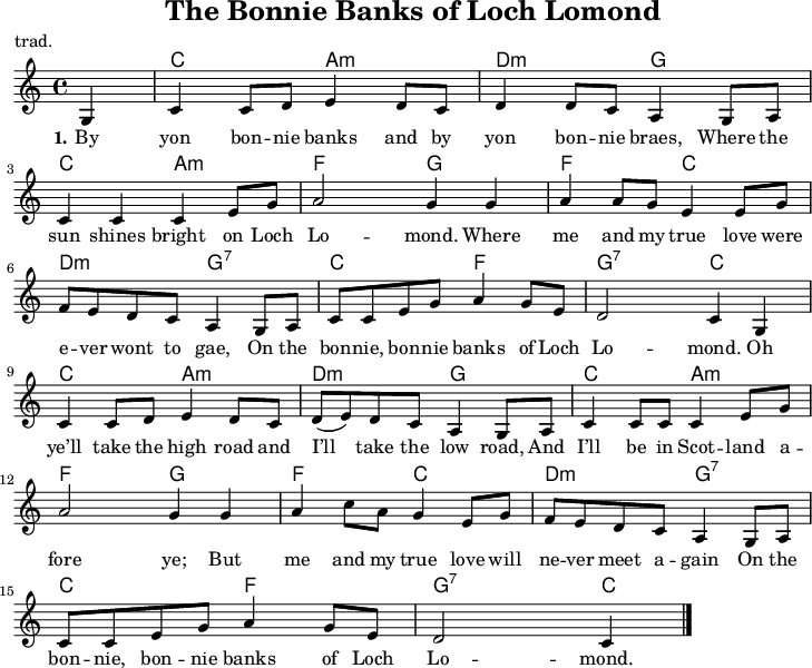 
\version "2.20.0"
\header {
 title = "The Bonnie Banks of Loch Lomond"
 % subtitle = "MeinSubtitle"
 poet = "trad."
 % composer = "Komponist"
 % arranger = "arr: ccbysa: Wikibooks (mjchael)"
}

myKey = {
  \clef "treble"
  \time 4/4
  \tempo 4 = 90
  %%Tempo ausblenden
  \set Score.tempoHideNote = ##t
  \key c\major
}

%% Akkorde
%% Westernschlag 
%% 1 . 2 + 3 . 4 + | 1 . 2 + 3 . 4 + 
myC = \chordmode { c,4  c8 c8 }
myAm = \chordmode { a,,4:m a,8:m a,8:m }
myDm = \chordmode { d,4:m d8:m d8:m}
myG = \chordmode { g,,4  g,8 g,8 }
myEm = \chordmode { e,,4:m e,8:m e,8:m}
myF = \chordmode { f,,4  f,8 f,8}
myGsept = \chordmode { g,,4:7  g,8:7 g,8:7 }

%% pimamipi
myCpick =  { c16 g c' e' c' g e g }
myCBpick =  { c16 g c' e' c' g b, g }
myAmpick =  { a,16 a c' e' c' a e  a}
myDmpick =  { d16 a d' f' d' a a, a}
myGpick =  { g,16 g b g' b g b, g }
myEmpick =  { e,16 g b e' b b, b }
myFpick = { f16 a c' f' c' a a, a}
myGseptpick = { g,16 g b f' b g b, g}


myChords = \chordmode {
  \set Staff.midiInstrument = #"acoustic guitar (nylon)"
  %% Akkorde nur beim Wechsel notieren
  \set chordChanges = ##t
 % \partial 4 s4
   \myC \myAm \myDm \myG
   \myC \myAm \myF \myG
   \myF \myC \myDm \myGsept 
   \myC \myF \myGsept \myC
}

myPicking = {
  \set Staff.midiInstrument = #"acoustic guitar (nylon)"
   \myCBpick \myAmpick 
   \myDmpick \myGpick
   \myCBpick \myAmpick \myFpick \myGpick
   \myFpick \myCpick 
   \myDmpick \myGseptpick 
   \myCpick \myFpick
   \myGseptpick \myCpick
  c1 %Schlusston
}

myMelody = \relative c'' {
  \myKey
  \set Staff.midiInstrument = #"trombone"
  \relative c'{ 
   \partial 4 g4 |
   c4 8 d e4 d8 c | d4 8 c a4 g8 a | 
   c4 4 4 e8 g | 
   a2 g4 4 | a4 8 g e4 8 g | 
   f e d c a4 g8 a | 
   c c e8 g a4 g8 e | d2 c4 g |
  c4 8 d e4 d8 c | d( e) d c a4 g8 a |
  c4 8 8 4 e8 g | a2 g4 4 |
 a4 c8 a g4 e8 g | f e d c a4 g8 a |
 c c e g a4 g8 e | d2 c4

    \bar "|."
  }
}

myLyrics = \lyricmode {
  \set stanza = "1."
   By yon bon -- nie banks and by yon bon -- nie braes,
Where the sun shines bright on Loch Lo -- mond.
Where me and my true love were e -- ver wont to gae,
On the bon -- nie, bon -- nie banks of Loch Lo -- mond.

Oh ye’ll take the high road and I’ll take the low road,
And I’ll be in Scot -- land a -- fore ye;
But me and my true love will ne -- ver meet a -- gain
On the bon -- nie, bon -- nie banks of Loch Lo -- mond.

}

\score {
  <<
    \new ChordNames { 
      \partial 4 s4
      \myChords \myChords 
    }
    \new Voice = "mySong" { \myMelody }
    \new Lyrics \lyricsto "mySong" { \myLyrics }
  % \new TabStaff { \partial 4 s4 \myChords \myPicking } %% Check 
  >>
  \layout { }
}

\score {
 <<
    \new Voice = "mySong" { \myMelody }
    \new Lyrics \lyricsto "mySong" { \myLyrics }
   \new TabStaff { 
      \partial 4 s4
      \myChords \myPicking 
    } %% Check 
 >>
  \midi { }
}

%% unterdrückt im raw="1"-Modus das DinA4-Format.
\paper {
  indent=0\mm
  %% DinA4 0 210mm - 10mm Rand - 20mm Lochrand = 180mm
  line-width=180\mm
  oddFooterMarkup=##f
  oddHeaderMarkup=##f
  % bookTitleMarkup=##f
  scoreTitleMarkup=##f
}
