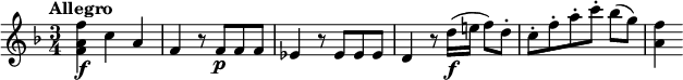 
\relative c'' {
 \tempo "Allegro"
 \key f \major
 \time 3/4
 <f a, f>4\f c a |
 f4 r8 f\p f f |
 es4 r8 es es es |
 d4 r8 d'16\f(e! f8) d-. |
 c8-. f-. a-. c-. bes([ g)] |
 <f a,>4
}
