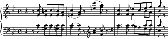 {\ set Score.tempoHideNote = ## t \ new PianoStaff << \ new Staff {\ clef violin \ key bes \ major \ time 4/4 \ tempo 4 = 70 r4 r8 <es 'c' '> <es' b '> <es' c ''> <es 'bes'> <es 'a'> <e 'c' '> 4 (<f' a '> 8) r <e' 'c' ''> 4 ( <f '' a ''> 8) r <f 'c' '> 4.  <f 'c' '> 8 << {\ voiceOne d''8 c' 'e' 'f' 'g''8 r} \ new Voice {\ voiceTwo f'4 bes'8 a' bes'8 r } >> \ oneVoice} \ new Staff {\ clef bas \ key bes \ major \ time 4/4 r4 r8 <a c'> 8 <gis c '> <a c'> <g c'> <fc '> <a ~ c'~> 4 <f c '> 8 r \ clef violin <a'~ c''~> 4 <f' c ''> 8 r \ clef bas <a c'> 4.  <a c'> 8 << {\ voiceOne c'4 c'8 c 'c'8 r} \ new Voice {\ voiceTwo bes8 agf e8 r} >> \ oneVoice} >>}