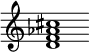 {
  % Rivin lopun pystyviiva ja tahtiosoitus piiloon.
  \override Score.BarLine.break-visibility = ##(#f #t #t)
  \override Staff.TimeSignature #'stencil = ##f
  
  <d' f' aes' cis''>1
}
