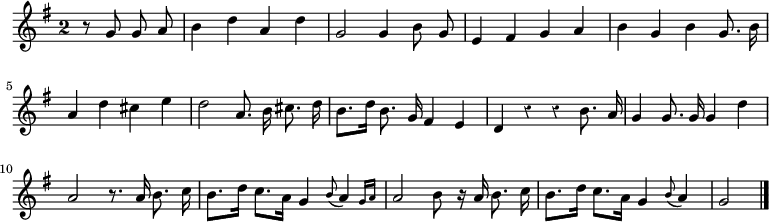 
\relative c'' {
  \override Rest #'style = #'classical
  \key g \major
  \override Staff.TimeSignature #'style = #'single-digit
  \time 2/2
  \partial 2
  \autoBeamOff
  r8 g g a
  b4 d a d
  g,2  g4 b8 g
  e4 fis g a
  b g b g8. b16
  a4 d cis e
  d2 a8. b16 cis8. d16

  b8.[ d16] b8. g16 fis4 e
  d r r b'8. a16
  g4 g8. g16 g4 d'
  a2 r8. a16b8. c16
  b8.[ d16] c8.[ a16] g4 \appoggiatura b8 \afterGrace a4 { g16[ a] }
  a2 b8 r16 a b8. c16
  b8.[ d16] c8.[ a16] g4 \appoggiatura b8 a4
  g2
  \bar "|."
}
