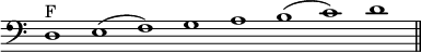 { \override Score.TimeSignature #'stencil = ##f \clef bass \cadenzaOn d1^"F" e( f) g a b( c') d' \bar "||" }