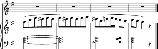 
sVarC = { <g b d>2.~ | <g b d> | <g a d>2 <g c d>4 | <g b d>2 r4 \bar "|." }

sVarA = { R2.*4 \bar "|." }

sVarB = { g'8([b d cis d cis] | d[cis d cis d e] | cis[a c d16 c] b8[a] | b[a] g4) r \bar "|." }

\paper { #(set-paper-size "a4")
 oddHeaderMarkup = "" evenHeaderMarkup = "" }
\header { tagline = ##f }
\version "2.18.2"
\score {
\midi {  }
\layout { line-width = #180
indent = 0\cm}
<<
  \new Staff { \clef "violin" \key g \major \time 3/4 \override Staff.TimeSignature #'transparent = ##t \autoBeamOff \relative g' { \sVarA } }
  \new PianoStaff <<
    \new Staff = "up" { \clef "violin" \key g \major \time 3/4 \override Staff.TimeSignature #'transparent = ##t \relative d' { \sVarB } }
    \new Staff = "down" { \clef "bass" \key g \major \time 3/4 \override Staff.TimeSignature #'transparent = ##t \relative g { \sVarC } }
  >>
>> }